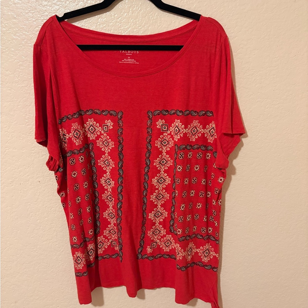 Talbots Red Short-Sleeve Scoop Neck Bandana Print Top Linen blend